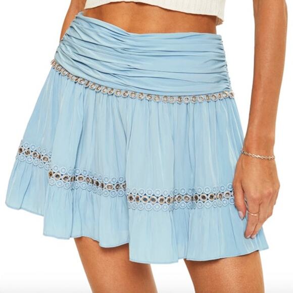 RAMY BROOK Skirt NEW Size 0 Esmeralda Blue Gold Mini Stretch Smocked Eyelet Lace - Picture 5 of 5